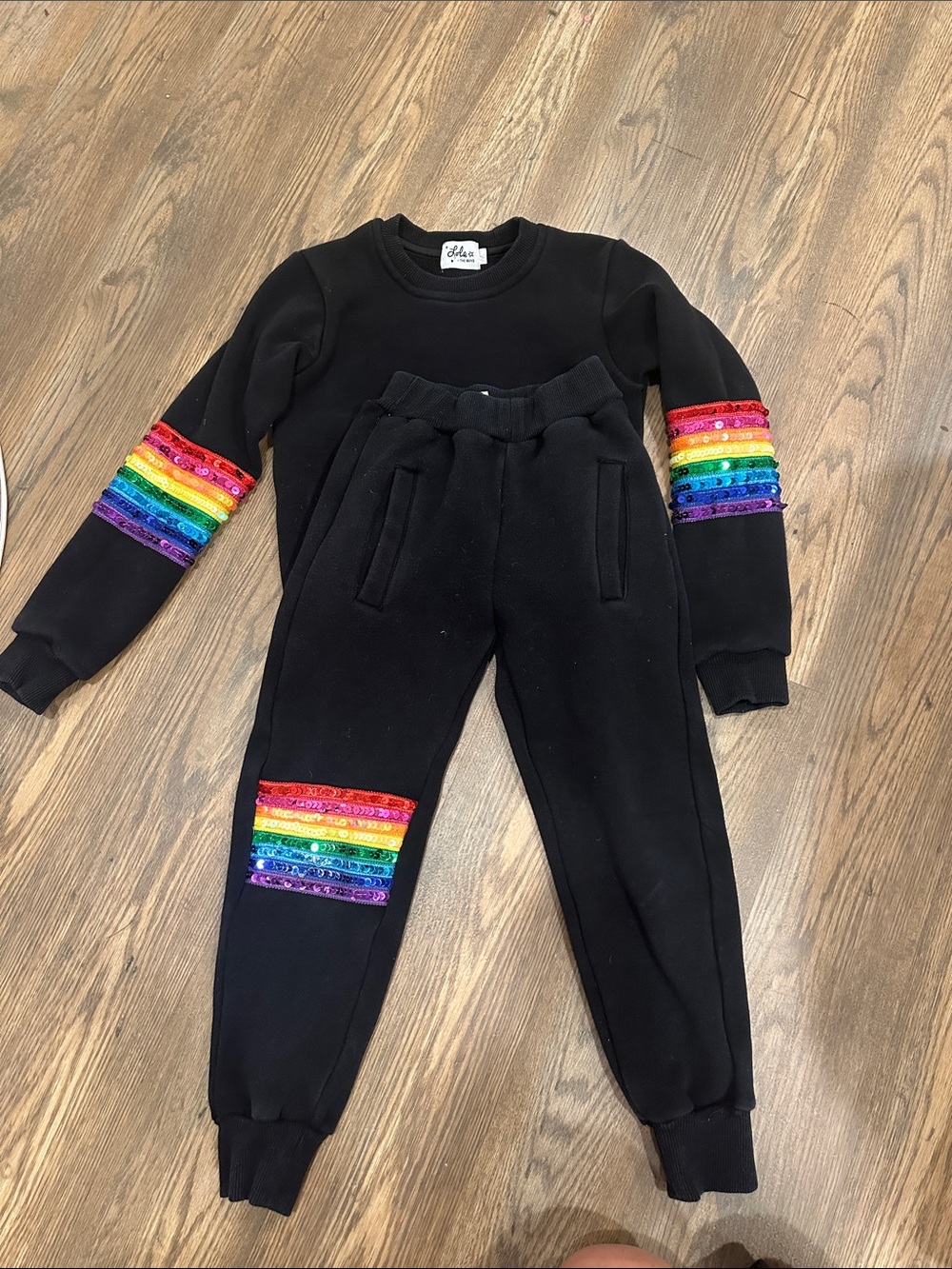 Lola + The Boys Black Sweat Set with Rainbow Sequin Stripes